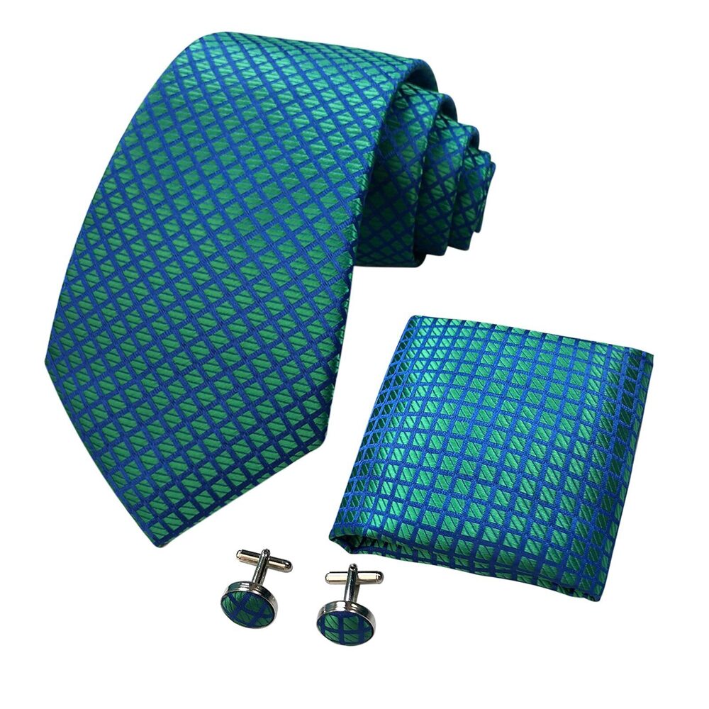 1198 Tie Teal Grid Check Necktie Pocket Square Cufflinks Tie Set LSG8LL